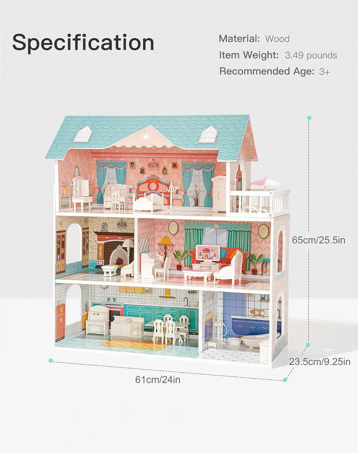 🏠 Elegant 3-Story Wooden Dollhouse for Imaginative Play