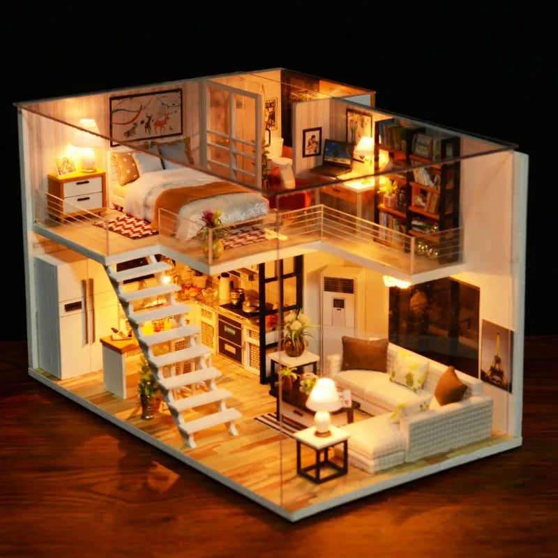 DIY Wooden Doll House with Furniture Miniature Dollhouse.