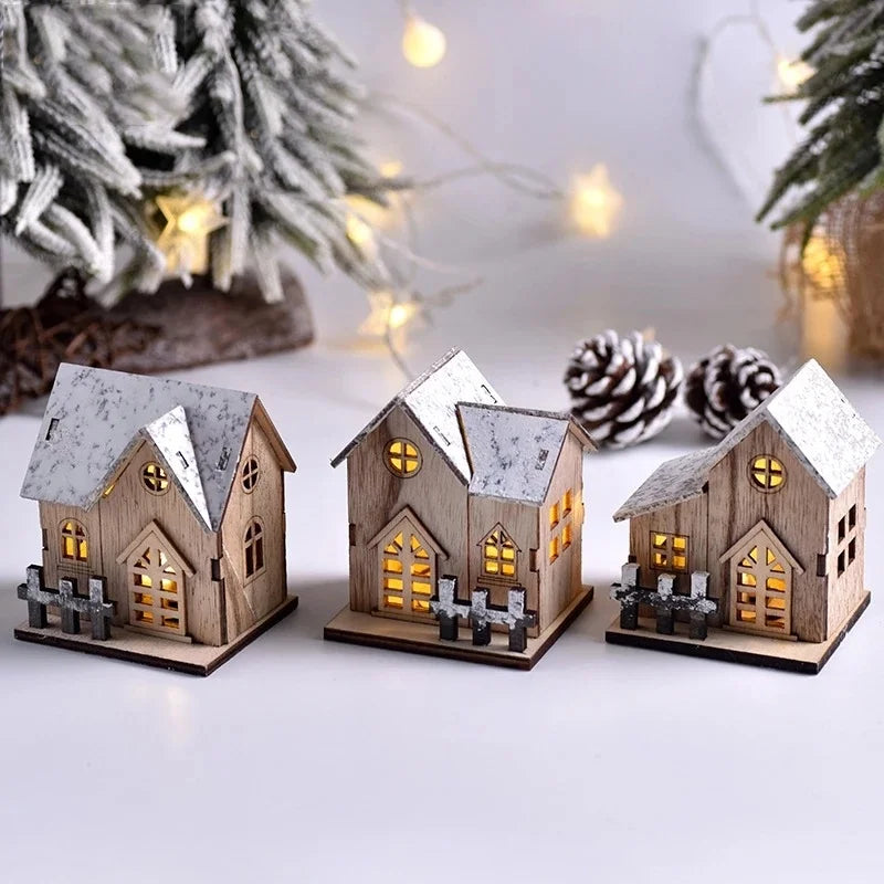 Wooden Cabin with LED Lights, Christmas Ornaments.