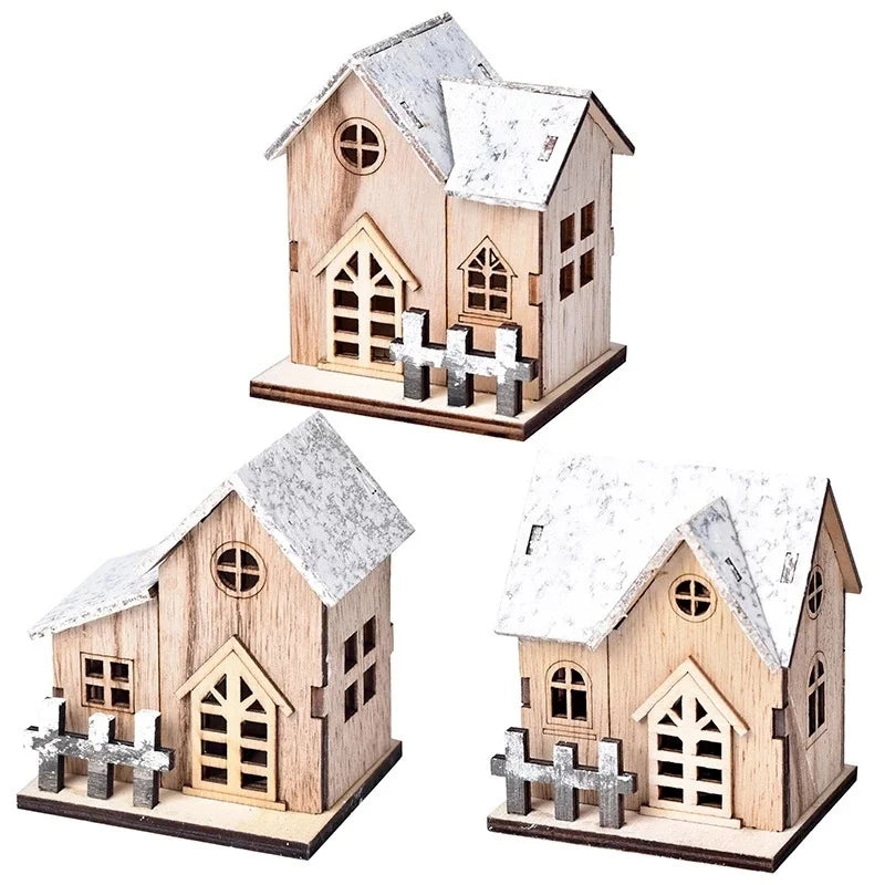 Wooden Cabin with LED Lights, Christmas Ornaments.