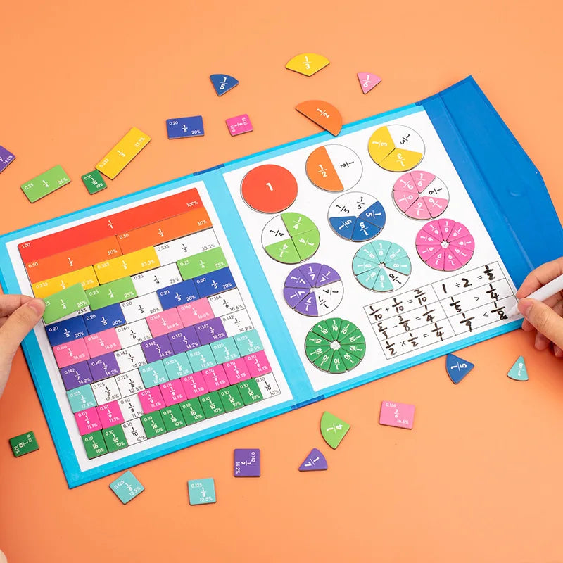 Wooden Magnetic Fraction Book. Arithmetic Learning Math.