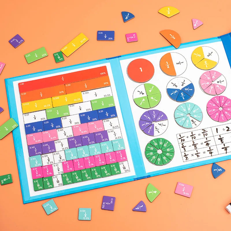Wooden Magnetic Fraction Book. Arithmetic Learning Math.