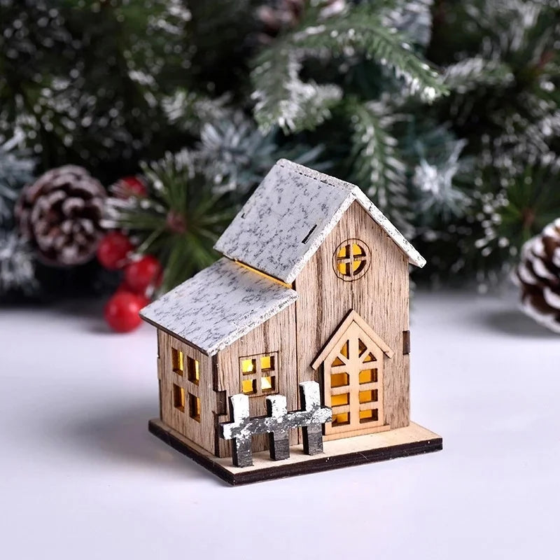 Wooden Cabin with LED Lights, Christmas Ornaments.