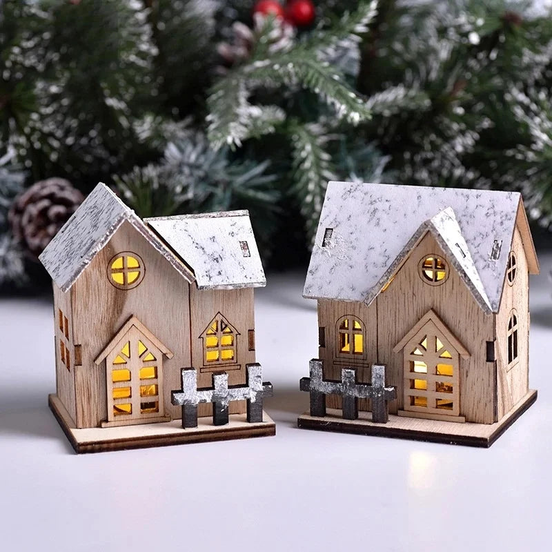 Wooden Cabin with LED Lights, Christmas Ornaments.