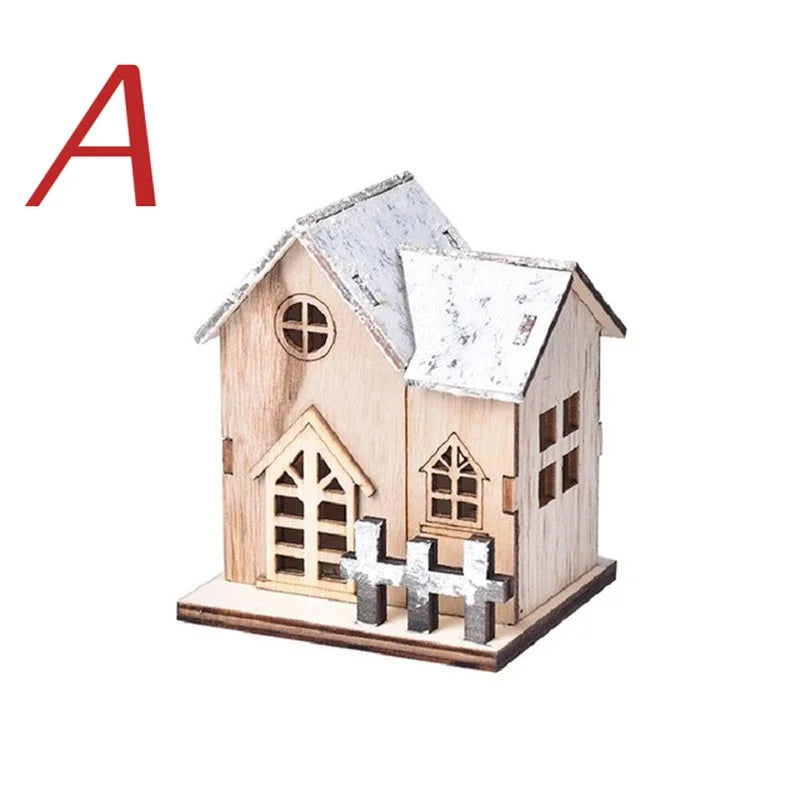 Wooden Cabin with LED Lights, Christmas Ornaments.