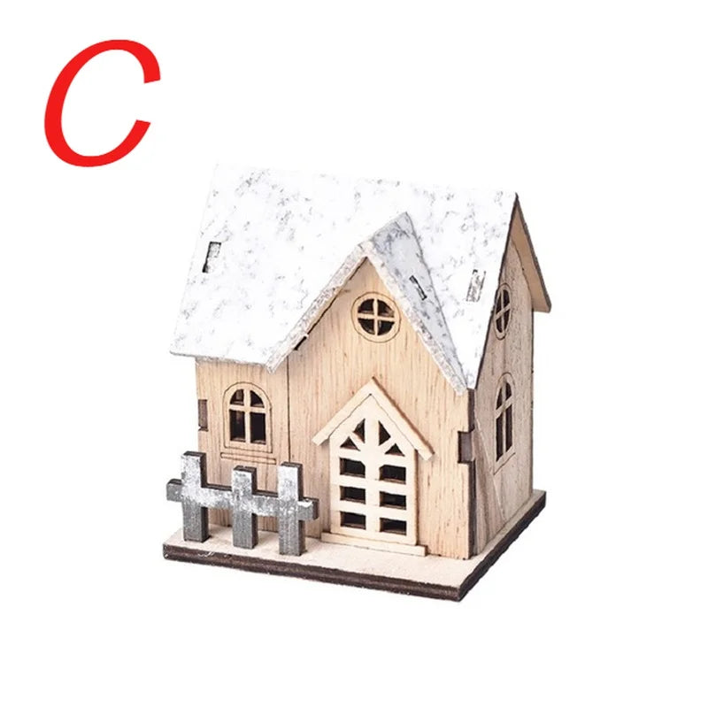 Wooden Cabin with LED Lights, Christmas Ornaments.