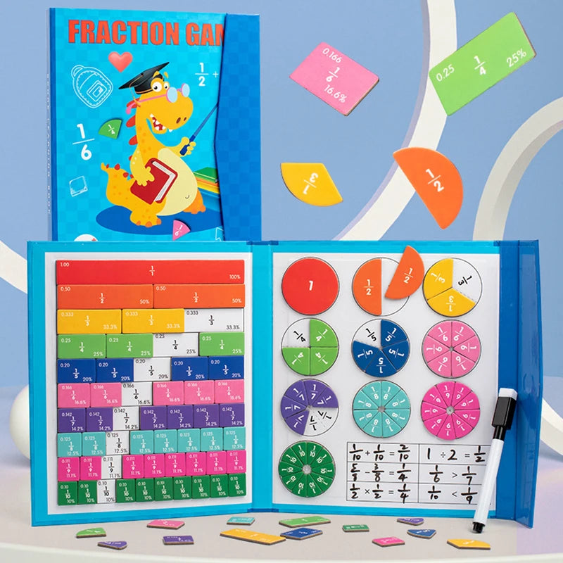 Wooden Magnetic Fraction Book. Arithmetic Learning Math.