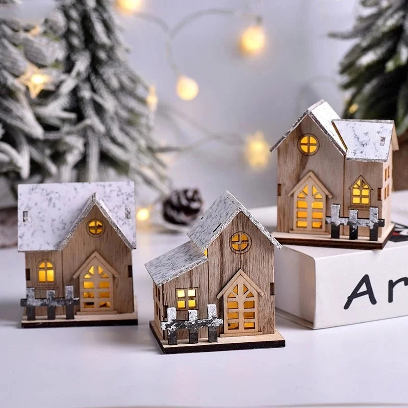 Wooden Cabin with LED Lights, Christmas Ornaments.
