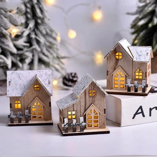 Wooden Cabin with LED Lights, Christmas Ornaments.